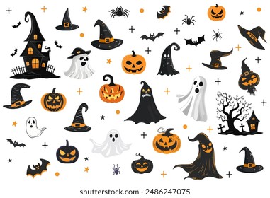 simple elements vector of halloween featured jack-o-lantern, haunted house, witch hat and ghost. isolated on white background.