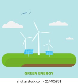 Simple emblem of wind turbine and solar panels on island