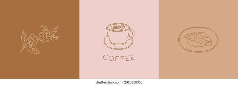 Simple emblems template set - coffee branch, cappuccino and croissant. Vector set of aesthetic line art designs in minimalist style.