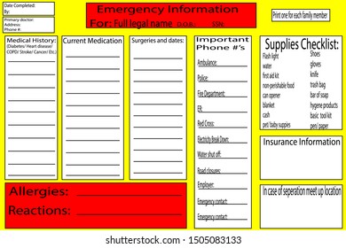 Simple Emergency Information Planner In Red, Yellow And Black. Print Off And Fill Out Your Medical Information With Important Emergency Phone Numbers And Has A Supply Checklist. 