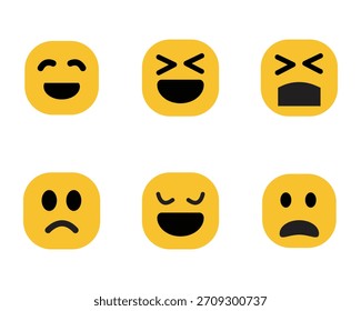 Caras de emoji simples configuradas para emociones y reacciones: iconos de emoticonos expresivos mínimos para Diseños de chat, redes sociales y mensajería