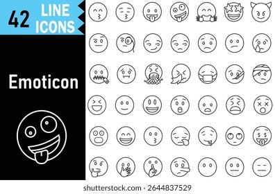 Simple Emoji line icon big set. Emoji sketch style. Emoji with different emotion mood, happy, sad, smile face. Hand drawn vector line emoticons
