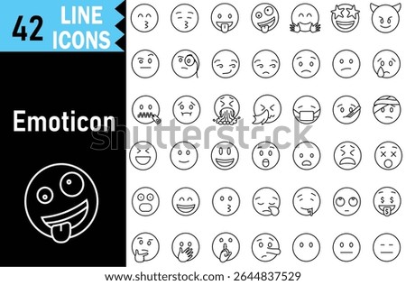 Simple Emoji line icon big set. Emoji sketch style. Emoji with different emotion mood, happy, sad, smile face. Hand drawn vector line emoticons