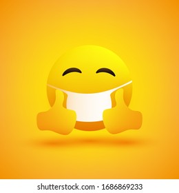 Simple Emoticon with Closed Eyes, Showing Thumbs Up and Wearing Medical Mask - Vector Design on Yellow Background
