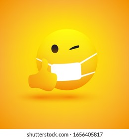 Simple Emoticon with Winking Eye, Showing Thumbs Up and Wearing Medical Mask - Vector Design on Yellow Background