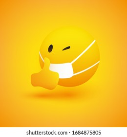 Simple Emoticon with Winking Eye, Showing Thumbs Up and Wearing Medical Mask - Vector Design on Yellow Background