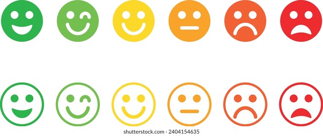 Simple emoticons set. Emoji faces collection. Emoticons flat style. Happy, smile, neutral, sad and angry emoji.