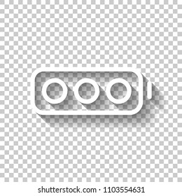Simple empty battery, none level. White icon with shadow on transparent background