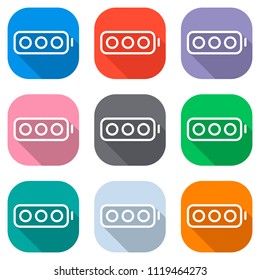 Simple empty battery, none level. Set of white icons on colored squares for applications. Seamless and pattern for poster