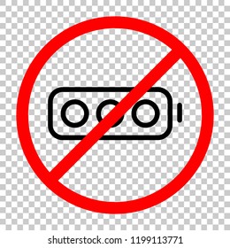 Simple empty battery, none level. Not allowed, black object in red warning sign with transparent background