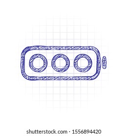 Simple empty battery, none level. Hand drawn sketched picture with scribble fill. Blue ink. Doodle on white background