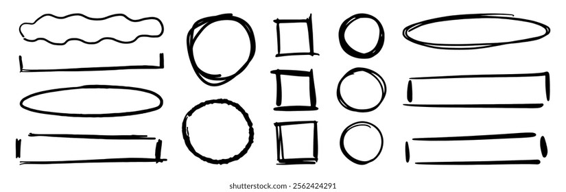 Simple empty doodles for text, boxes for checklists. Vector hand drawn element icon, isolated oval and square, rectangular and circle. Borders or frames for copy space or emphasis of content