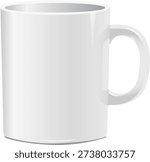 Simple empty white ceramic mug or coffee cup with handle for hot beverage and tea isolated on white background