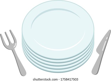 
A simple empty white stacked plate and knife and fork viewed from above.