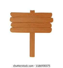 Simple empty wooden billboard made of rough planks and stick nailed together. Signpost or signboard isolated on white background. Cartoon decorative design element. Colored vector illustration.