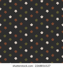 Simple endless texture with plans. Boho color flowers on black background. Basic seamless pattern, abstract backdrop for wrapping paper, textile, fabric, packaging. Night nature motif