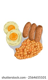 Simple English breakfast with sausage egg and bean