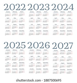 Simple english calendar 2022 - 2027 on white background. Vector illustration