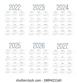 Simple english calendar 2022 - 2027 on white background. Vector illustration