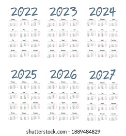Simple english calendar 2022 - 2027 on white background. Vector illustration