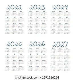Simple english calendar 2022 - 2027 on white background. Vector illustration