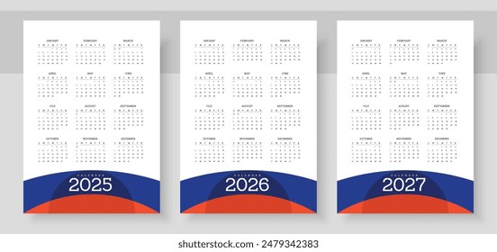 Simple english calendar 2025, 2026 and 2027. The week starts on Sunday. Simple calender layout. Yearly diary. Stationery template with 12 months, Organizer in English. Pocket or wall formats.