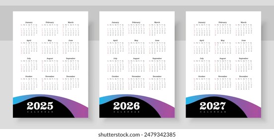 Simple english calendar 2025, 2026 and 2027. The week starts on Sunday. Simple calender layout. Yearly diary. Stationery template with 12 months, Organizer in English. Pocket or wall formats.