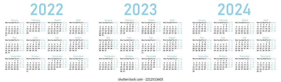 Cuadrícula de calendario inglés simple para 2022, 2023, 2023. La semana empieza el lunes, dos días libres.