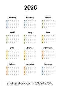 Simple English Vector Calendar. 2020 Year. Black Letters and Numbers with Stripes of 4 Colors Isolated on a White Background. Simple Business Design Calendar 2020. All Months on One Page.