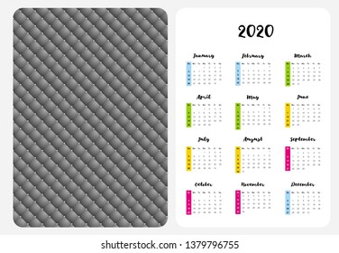 Simple English Vector Pocket Calendar. 2020 Year. Black Letters and Numbers with Stripes of 4 Colors Isolated on a White Background. Simple Business Design Calendar 2020. All Months on One Page.