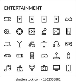 Simple Entertainment Icon Set With Line Style Contain Such Icon as Movie, Ticket, Cards, Cinema, Media, Video, Joystick, Headphone, Domino, Diamond, Television, and more. 48 X 48 Pixel Perfect