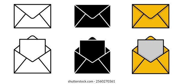 Simple Envelope Icon Collection with Line Art, Silhouette, and Colorful Designs, Editable Scalable Vector Illustration Isolated on White Background for Templates and Mockups