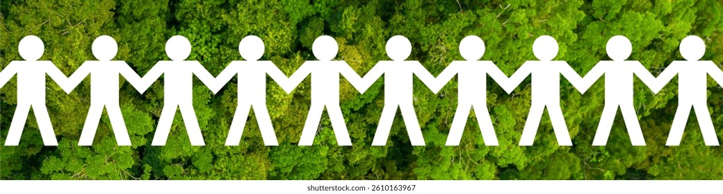 Simple environment care icon with people chain over green forest background, symbol of unity, teamwork, community, and nature protection, perfect for eco design and green projects.