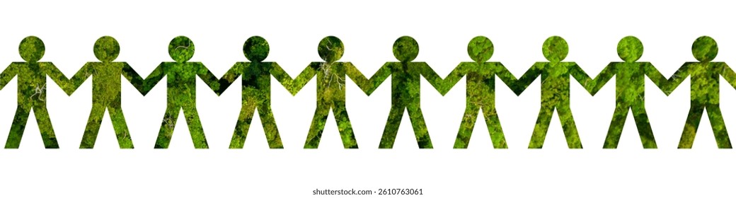 Simple environment care icon with people chain over green forest background, symbol of unity, teamwork, community, and nature protection, perfect for eco design and green projects.