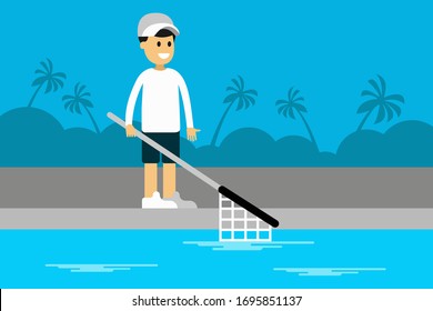 Einfaches Piepdesign eines Mannes, der als Schwimmbadreiniger arbeitet und mit Netz auf der Kante steht
