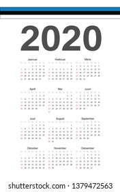 Simple Estonian 2020 year vector calendar. Week starts from Sunday.