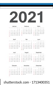 Simple Estonian 2021 year vector calendar. Week starts from Sunday.