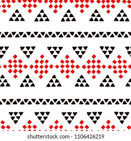 Simple ethnic black and white and red triangles and rhombus seamless pattern, vector background
