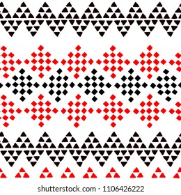 Simple ethnic black and white and red triangles and rhombus seamless pattern, vector background