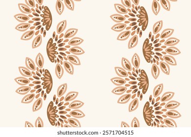 Simple ethnic flowers arranged in vertically stripes in a neutral palette of brown, peach and cream on off white background. Floral seamless vector pattern. Great for home decor, fabric, wallpaper.