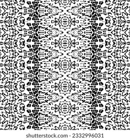 Einfache Ethnische Geo-Vektorgrafik. Ethnische Design dunkles Muster. Tribal Dark Doodle Batik. Schwarzes Farbdoodle-Muster. Schwarzes Farbtink-Schriftzeichen-Muster. Nahtlose Handschrift. Nahtlose Anleitung Wiederholen