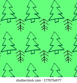 Simple ethnic pattern with fir trees. Green background. Hand-drawn illustration. Can be used for postcard design, textiles, etc