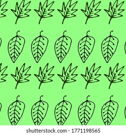 Simple ethnic pattern with leaves. Green background. Hand-drawn illustration. Can be used for postcard design, textiles, etc