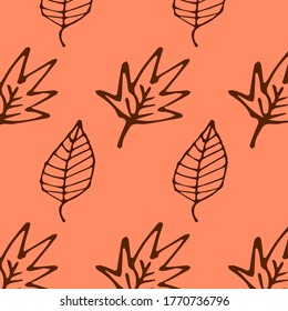 Simple ethnic pattern with leaves. Orange background. Hand-drawn illustration. Can be used for postcard design, textiles, etc