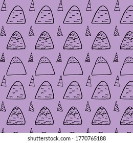 Simple ethnic pattern with mountains. Purple background. Hand-drawn illustration. Can be used for postcard design, textiles, etc