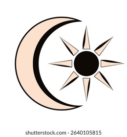 Simple Ethnic sun and moon. Vector illustration of Ethnic sun and crescent moon isolated transparent background. Ideal tribal t-shirt print fabric textile wall decoration element. Weather symbol EPS10