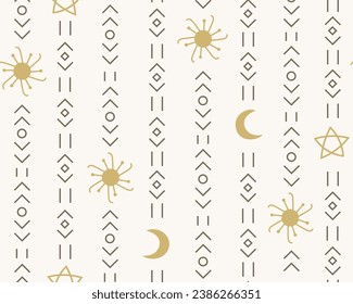 Simple ethnic tribal aztec, indial, mexican seamless pattern with stripes, moon, sun shapes background.