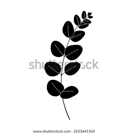 A simple eucalyptus branch with rounded leaves as a solid black icon. A minimalist botanical graphic for wellness, spa, or aromatherapy.
