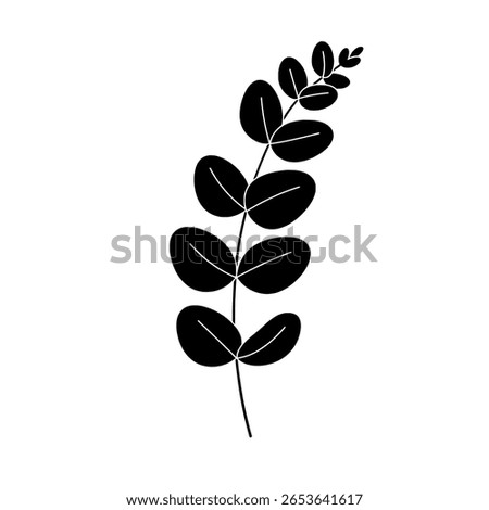 A simple eucalyptus branch with rounded leaves, as a solid black glyph icon. A minimalist botanical graphic for spa or wellness themes.