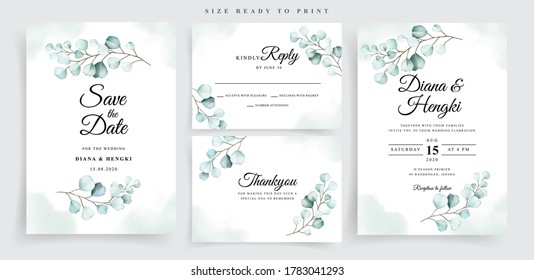 Simple eucalyptus on set wedding invitation card template